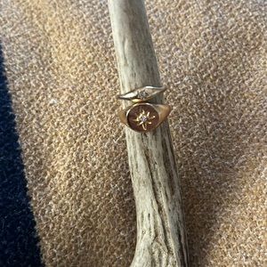 Pair of golden rings with star, design and gem in the middle